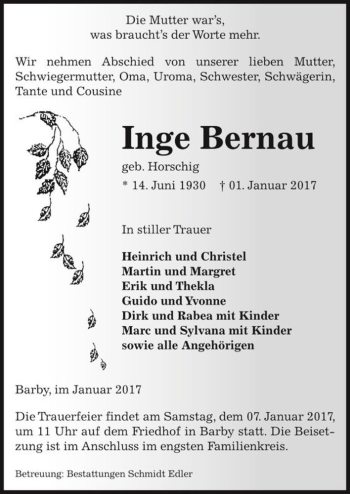 Traueranzeige von Inge Bernau (geb. Horschig)  von Magdeburger Volksstimme