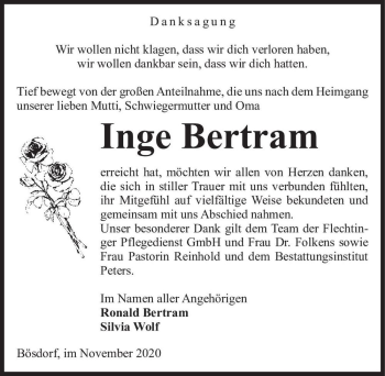 Traueranzeige von Inge Bertram  von Magdeburger Volksstimme
