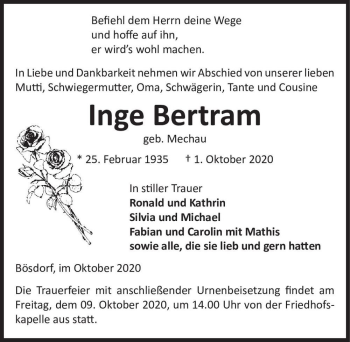 Traueranzeige von Inge Bertram (geb. Mechau)  von Magdeburger Volksstimme