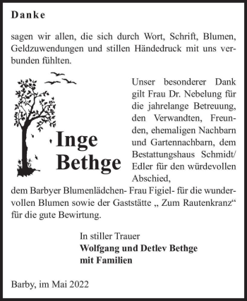 Traueranzeige von Inge Bethge  von Magdeburger Volksstimme