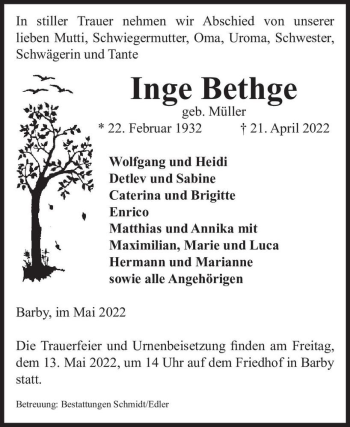 Traueranzeige von Inge Bethge (geb. Müller)  von Magdeburger Volksstimme