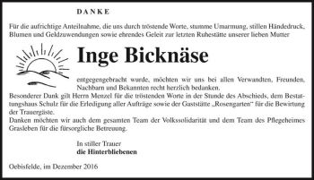 Traueranzeige von Inge Bicknäse  von Magdeburger Volksstimme