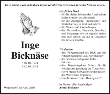 Traueranzeige von Inge Bicknäse  von Magdeburger Volksstimme
