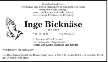 Traueranzeige von Inge Bicknäse (geb. Ohse)  von Magdeburger Volksstimme