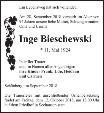 Traueranzeige von Inge Bieschewski  von Magdeburger Volksstimme