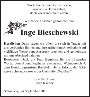 Traueranzeige von Inge Bieschewski  von Magdeburger Volksstimme