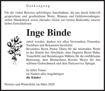 Traueranzeige von Inge Binde  von Magdeburger Volksstimme