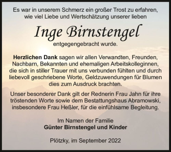 Traueranzeige von Inge Birnstengel  von Magdeburger Volksstimme