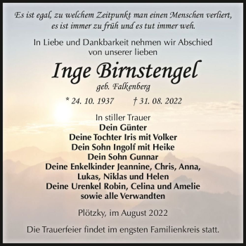 Traueranzeige von Inge Birnstengel (geb. Falkenberg)  von Magdeburger Volksstimme