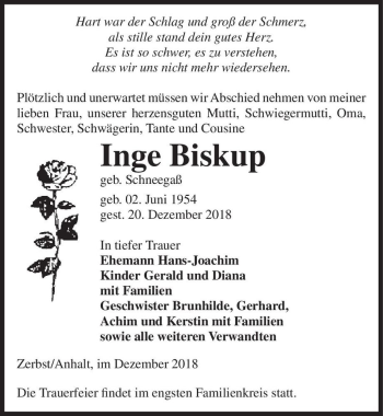 Traueranzeige von Inge Biskup (geb. Schneegaß)  von Magdeburger Volksstimme