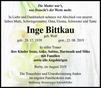 Traueranzeige von Inge Bittkau (geb. Wolf)  von Magdeburger Volksstimme