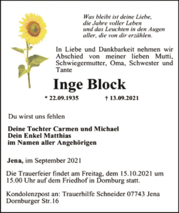 Traueranzeige von Inge Block  von Magdeburger Volksstimme