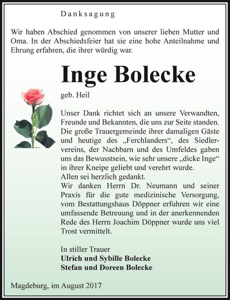  Traueranzeige für Inge Bolecke (geb. Heil)  vom 05.08.2017 aus Magdeburger Volksstimme