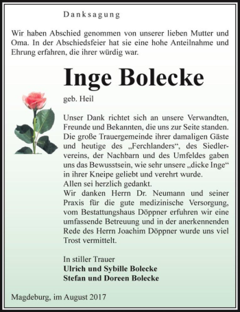 Traueranzeige von Inge Bolecke (geb. Heil)  von Magdeburger Volksstimme