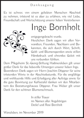 Traueranzeige von Inge Bornholt  von Magdeburger Volksstimme