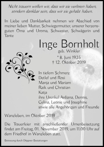 Traueranzeige von Inge Bornholt (geb. Winkler)  von Magdeburger Volksstimme