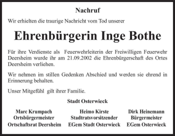 Traueranzeige von Inge Bothe  von Magdeburger Volksstimme