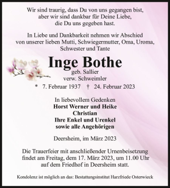 Traueranzeige von Inge Bothe (geb. Sallier, verw. Schweimler)  von Magdeburger Volksstimme
