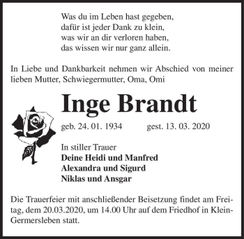 Traueranzeige von Inge Brandt  von Magdeburger Volksstimme