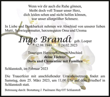 Traueranzeige von Inge Brandt (geb. Loeper)  von Magdeburger Volksstimme