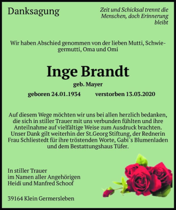 Traueranzeige von Inge Brandt (geb. Mayer)  von Magdeburger Volksstimme
