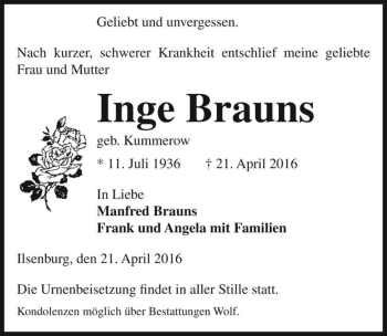 Traueranzeige von Inge Brauns (geb. Kummerow)  von Magdeburger Volksstimme
