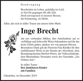 Traueranzeige von Inge Brecht  von Magdeburger Volksstimme