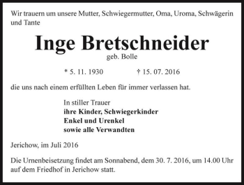 Traueranzeige von Inge Bretschneider (geb. Bolle)  von Magdeburger Volksstimme