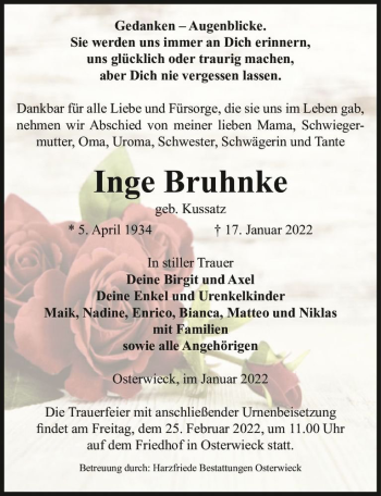 Traueranzeige von Inge Bruhnke (geb. Kussatz)  von Magdeburger Volksstimme