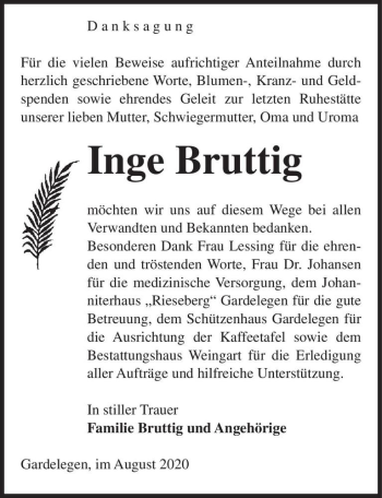 Traueranzeige von Inge Bruttig  von Magdeburger Volksstimme