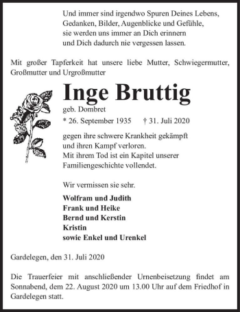 Traueranzeige von Inge Bruttig (geb. Dombret)  von Magdeburger Volksstimme