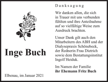 Traueranzeige von Inge Buch  von Magdeburger Volksstimme
