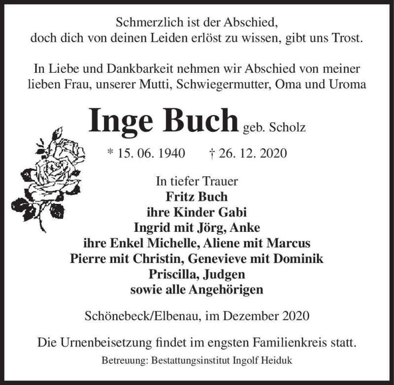  Traueranzeige für Inge Buch (geb. Scholz)  vom 02.01.2021 aus Magdeburger Volksstimme