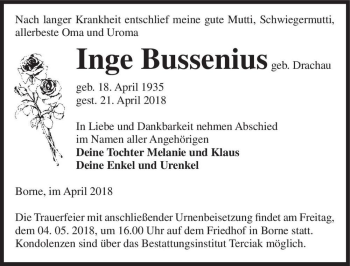 Traueranzeige von Inge Bussenius (geb. Drachau)  von Magdeburger Volksstimme