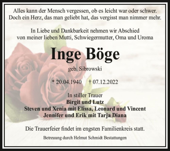 Traueranzeige von Inge Böge (geb. Sibrowski)  von Magdeburger Volksstimme