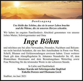 Traueranzeige von Inge Böhm  von Magdeburger Volksstimme