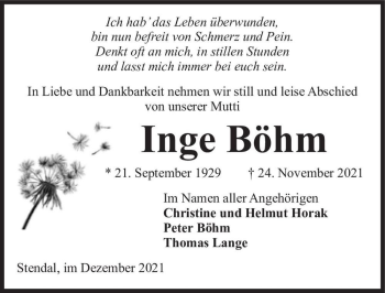 Traueranzeige von Inge Böhm  von Magdeburger Volksstimme