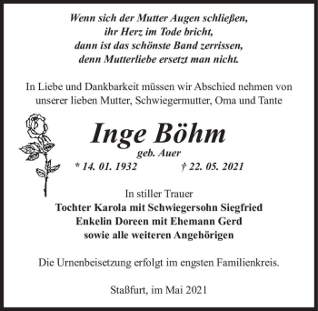 Traueranzeige von Inge Böhm (geb. Auer)  von Magdeburger Volksstimme
