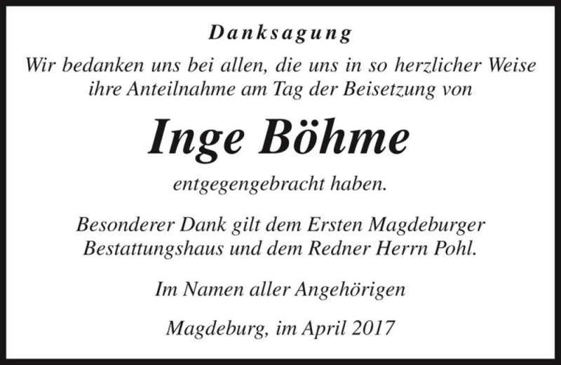  Traueranzeige für Inge Böhme  vom 15.04.2017 aus Magdeburger Volksstimme
