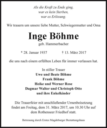 Traueranzeige von Inge Böhme (geb. Hammerbacher)  von Magdeburger Volksstimme