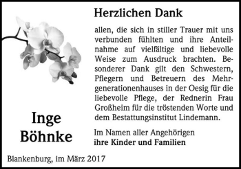 Traueranzeige von Inge Böhnke  von Magdeburger Volksstimme