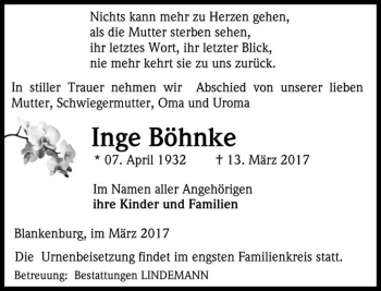 Traueranzeige von Inge Böhnke  von Magdeburger Volksstimme