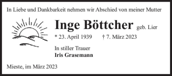 Traueranzeige von Inge Böttcher (geb. Lier)  von Magdeburger Volksstimme