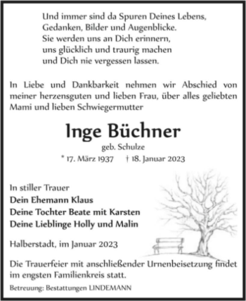 Traueranzeige von Inge Büchner (geb. Schulze)  von Magdeburger Volksstimme