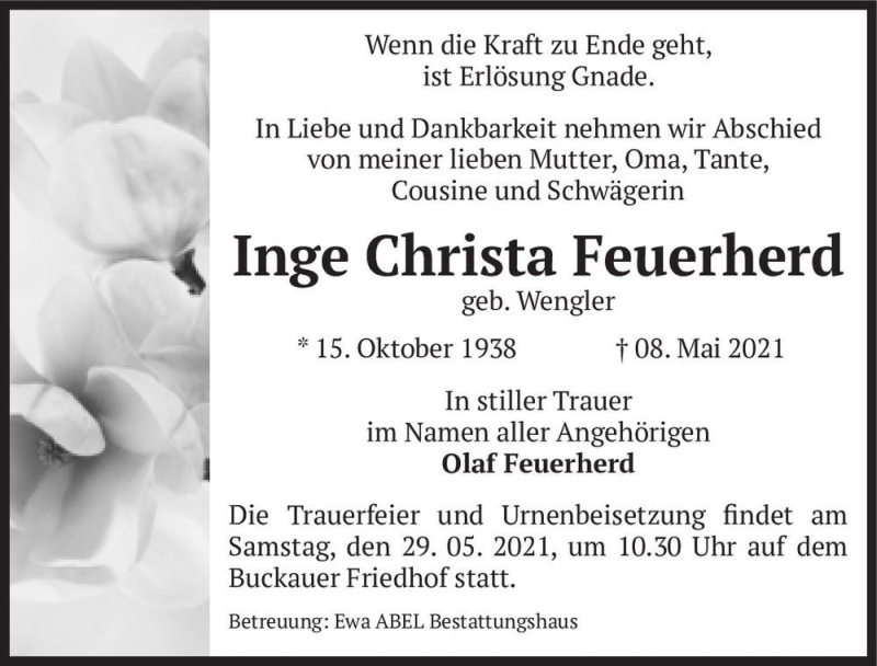  Traueranzeige für Inge Christa Feuerherd (geb. Wengler)  vom 22.05.2021 aus Magdeburger Volksstimme
