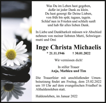 Traueranzeige von Inge Christa Michaelis  von Magdeburger Volksstimme