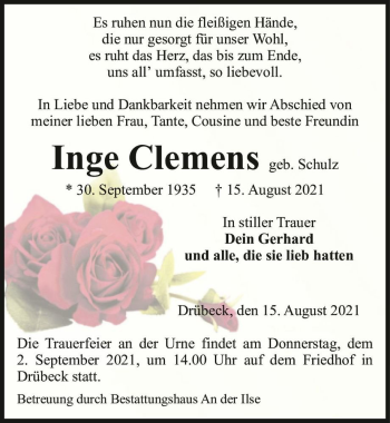 Traueranzeige von Inge Clemens (geb. Schulz)  von Magdeburger Volksstimme