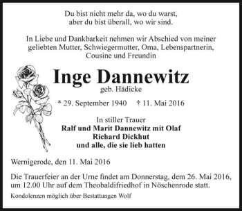 Traueranzeige von Inge Dannewitz (geb. Hädicke)  von Magdeburger Volksstimme