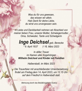 Traueranzeige von Inge Deichsel (geb. Benecke)  von Magdeburger Volksstimme