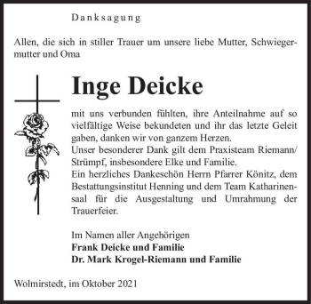 Traueranzeige von Inge Deicke  von Magdeburger Volksstimme